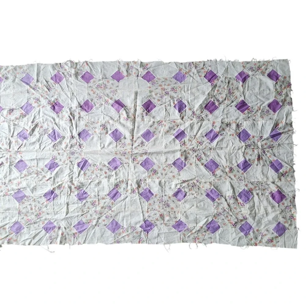VINTAGE Handmade Patchwork Quilt Top Unfinished Purple Bow Tie Floral 38x92